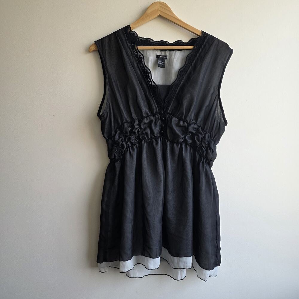 VTG Maurices Black Mesh Lace Babydoll Top Dark Coquette Romantic Fairy Goth‎ XL